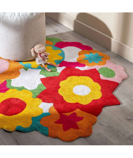 Tapis enfant rond coton multicolore Diam100 - Floral
